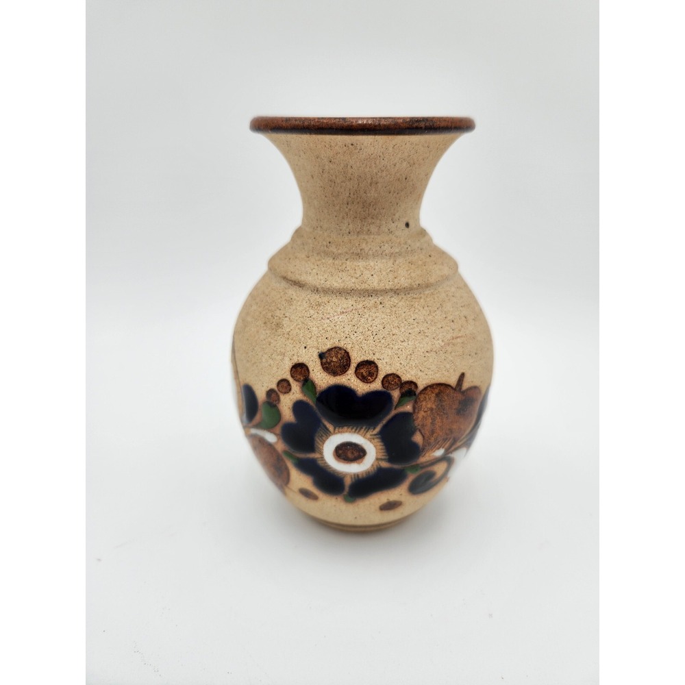 Mexico Tonala Stoneware Pottery Vase Hand Painted Blue Floral‎